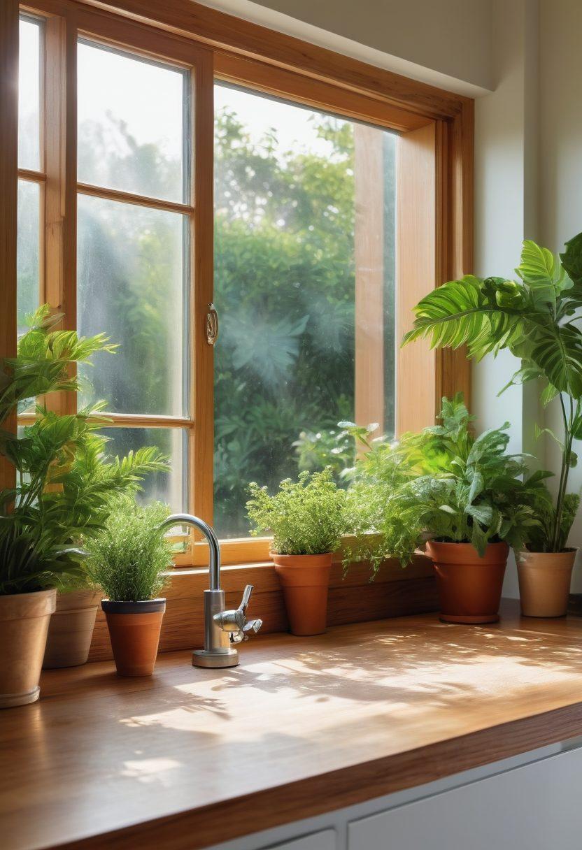 A serene, sunlit room filled with lush green plants, showcasing eco-friendly cleaning products displayed on a wooden countertop. Illustrate the sparkle of cleanliness through a window, revealing a vibrant garden outside. Include a person joyfully cleaning with natural ingredients like vinegar and baking soda. The atmosphere should be bright and refreshing, embodying purity and effectiveness. super-realistic. vibrant colors. natural light.