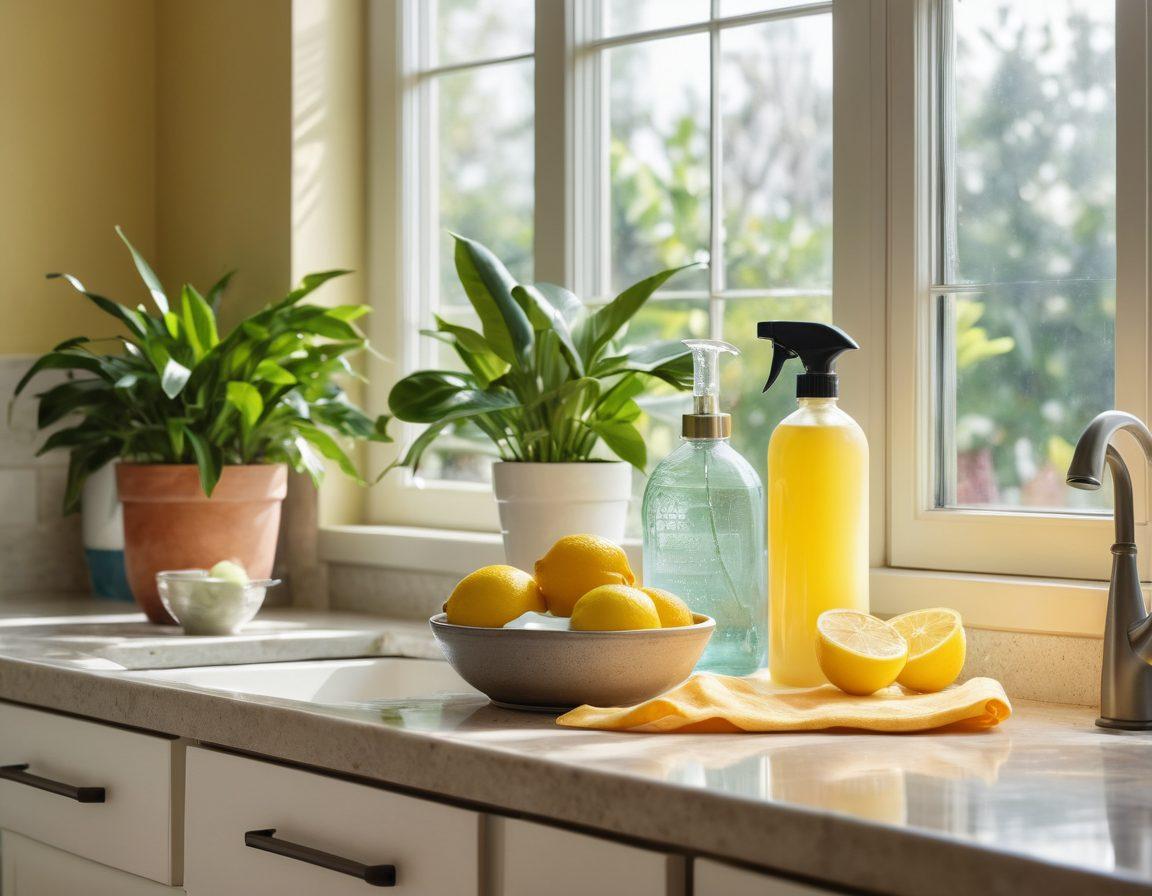 A serene kitchen scene with sunlight streaming through a window, showcasing sparkling clean countertops filled with eco-friendly cleaning products like reusable cloths, glass spray bottles, and natural ingredients like lemon and vinegar. In the background, fresh houseplants thrive, symbolizing a healthy home environment. Soft pastel colors and a bright atmosphere enhance the feeling of cleanliness and sustainability. super-realistic. vibrant colors. natural light.