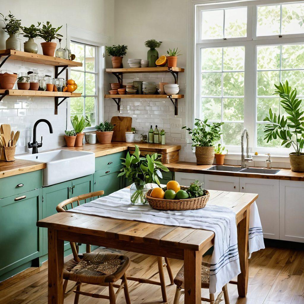A cheerful kitchen filled with lush green plants and natural light, showcasing various non-toxic cleaning solutions like glass bottles filled with homemade cleaners, brushes made of bamboo, and fresh citrus fruits. The environment exudes freshness and eco-friendliness, with a wooden table adorned with reusable cloths and a basket of organic ingredients. Bright and inviting, symbolizing a sustainable lifestyle. vibrant colors. super-realistic.